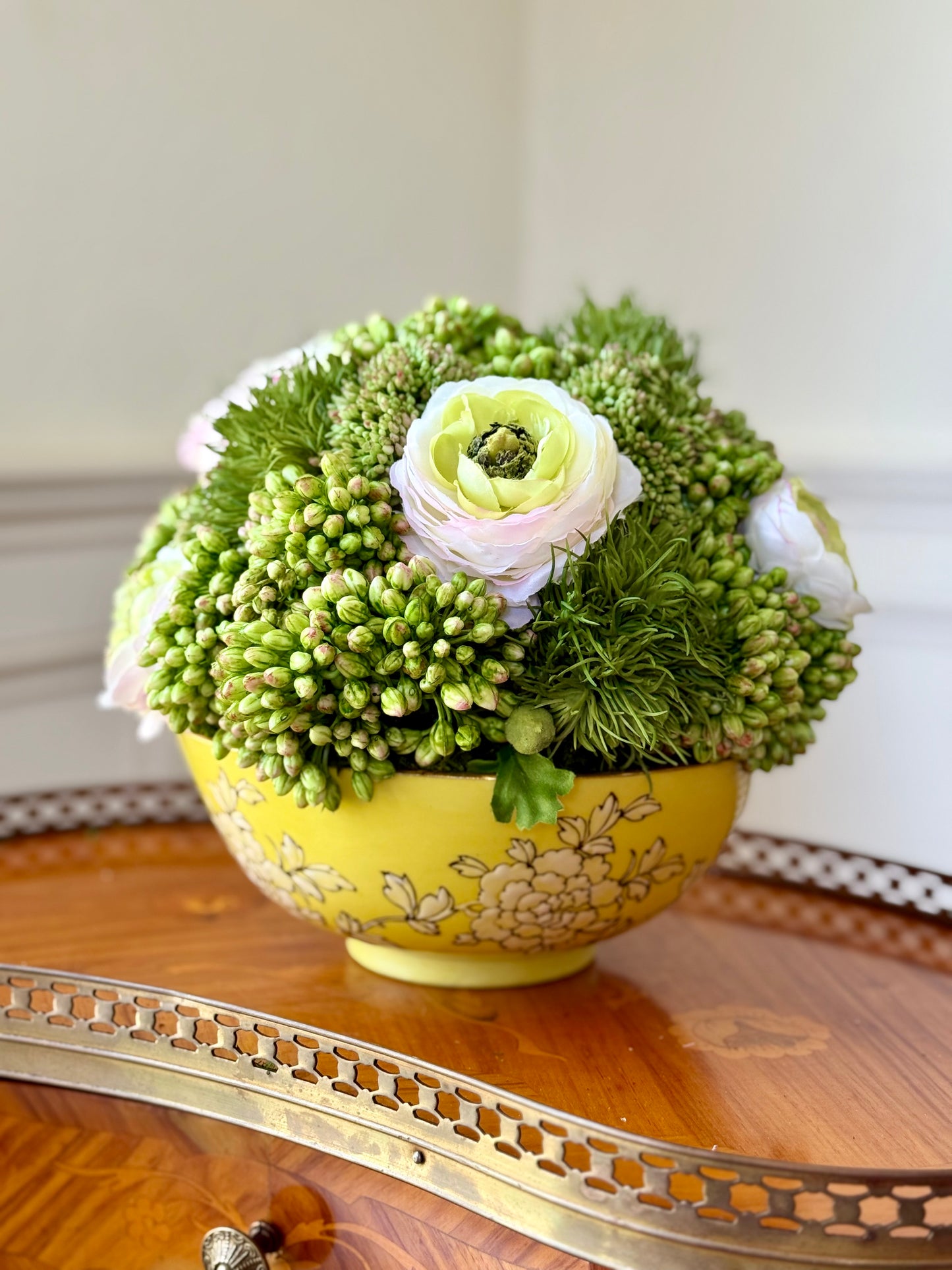 Vintage 8" Yellow Porcelain Bowl + Faux Sedum & White Ranuculus