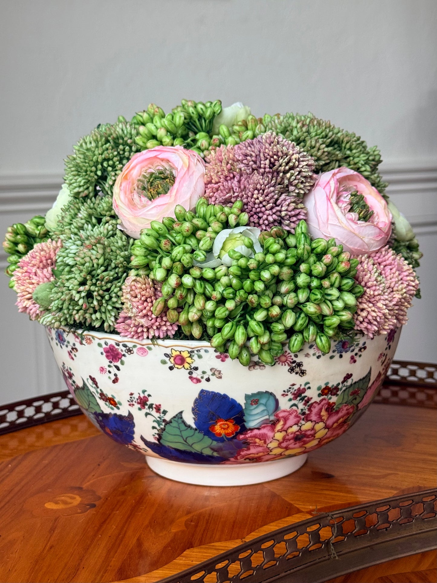 9.5” Tobacco Leaf Porcelain Bowl + Faux Sedum & Pink Ranunculus
