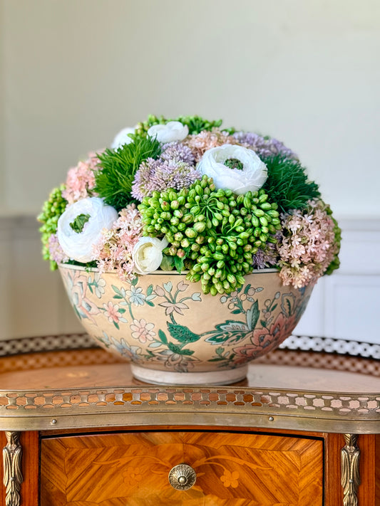 Vintage 10" Sadek Pastel Pink Bowl + Faux Sedum & Ranunculus