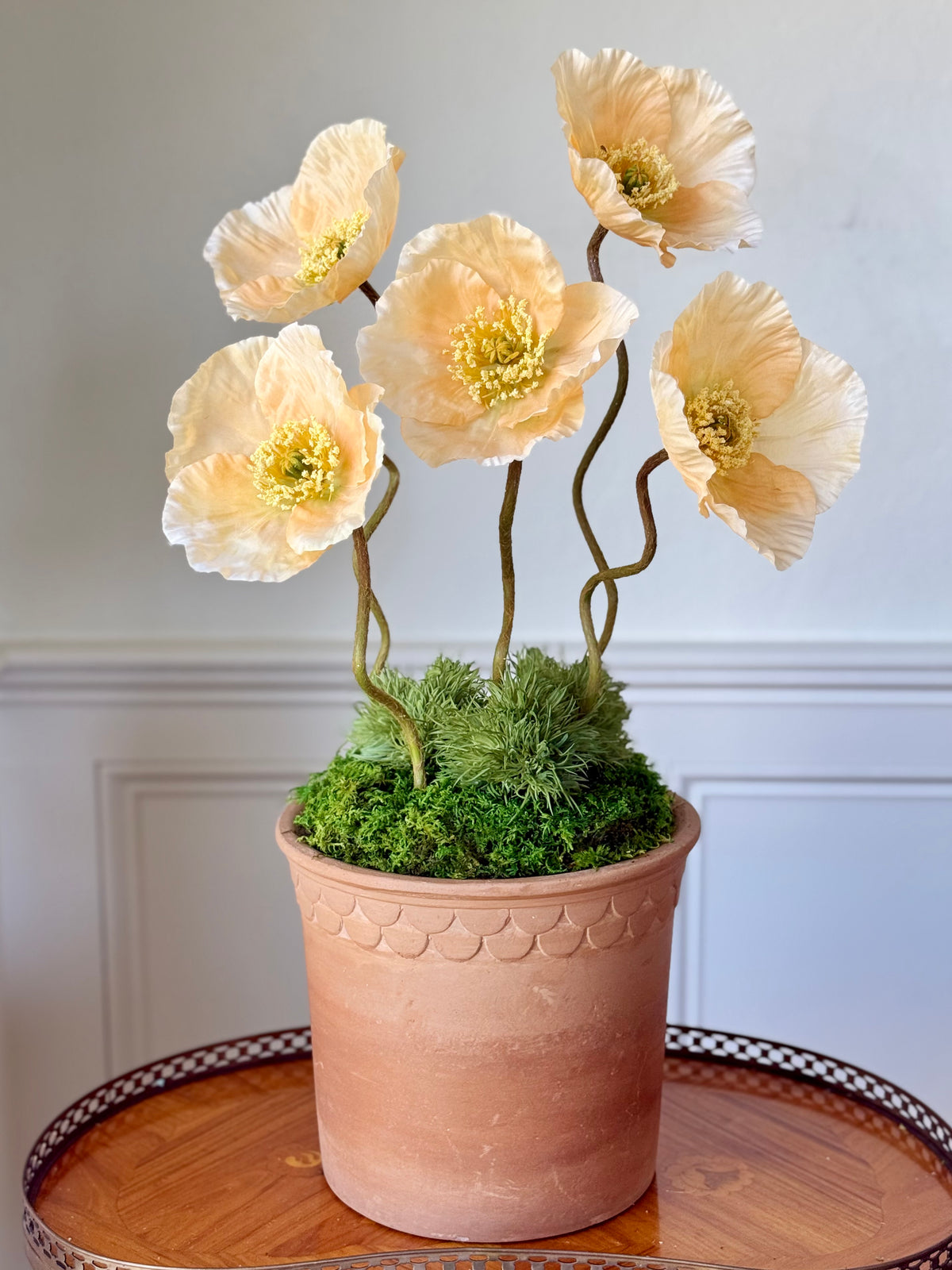 Scalloped Terra Cotta Pot + 5 Faux Peach Poppies