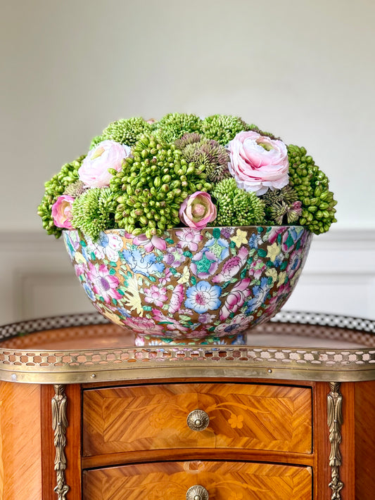12" Gilt Floral Vintage Bowl + Faux Sedum & Pink Ranunculus #12