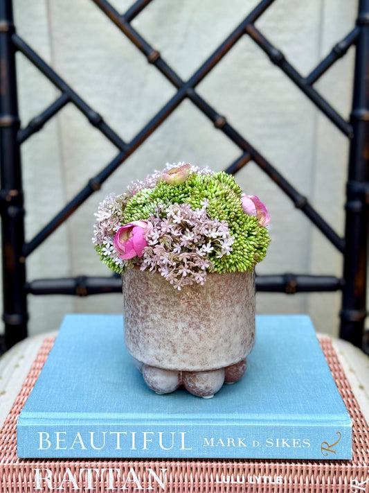 Small Pearl Pot + Faux Sedum & Pink Ranunculus Mix