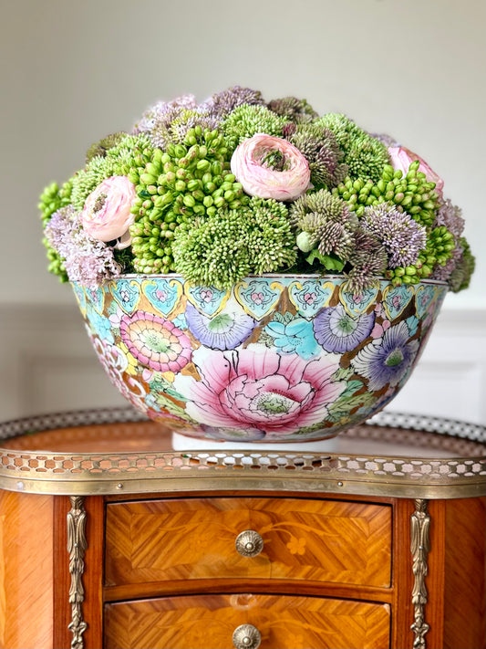 14” Vintage Gilt Floral Bowl + Faux Sedum + Pink Ranunculus #18