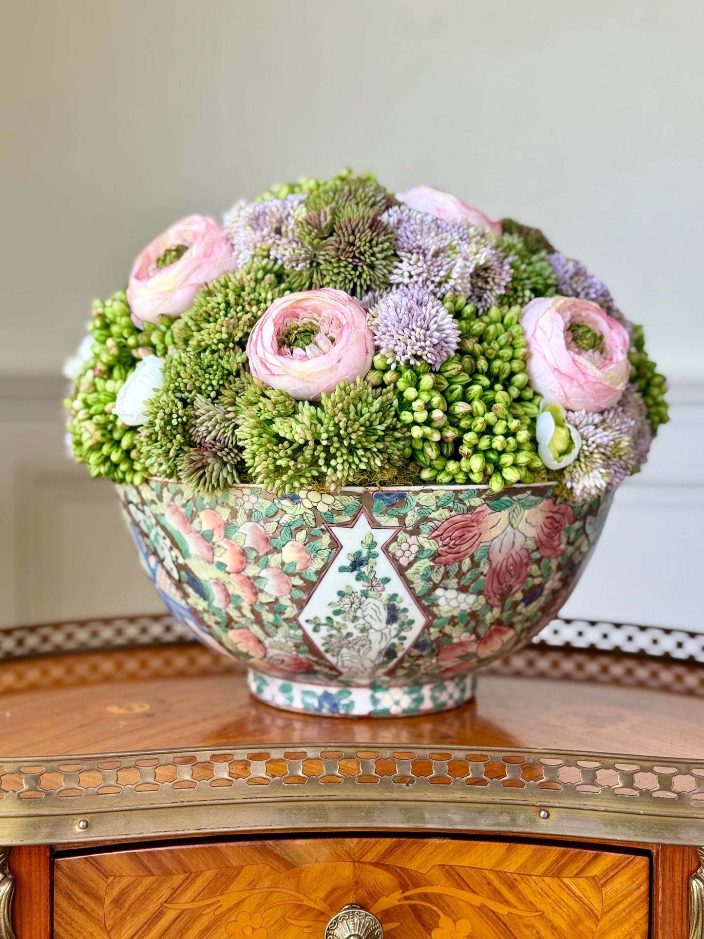 Vintage 10" Chinese Famille Porcelain Bowl + Faux Sedum & Ranunculus mix