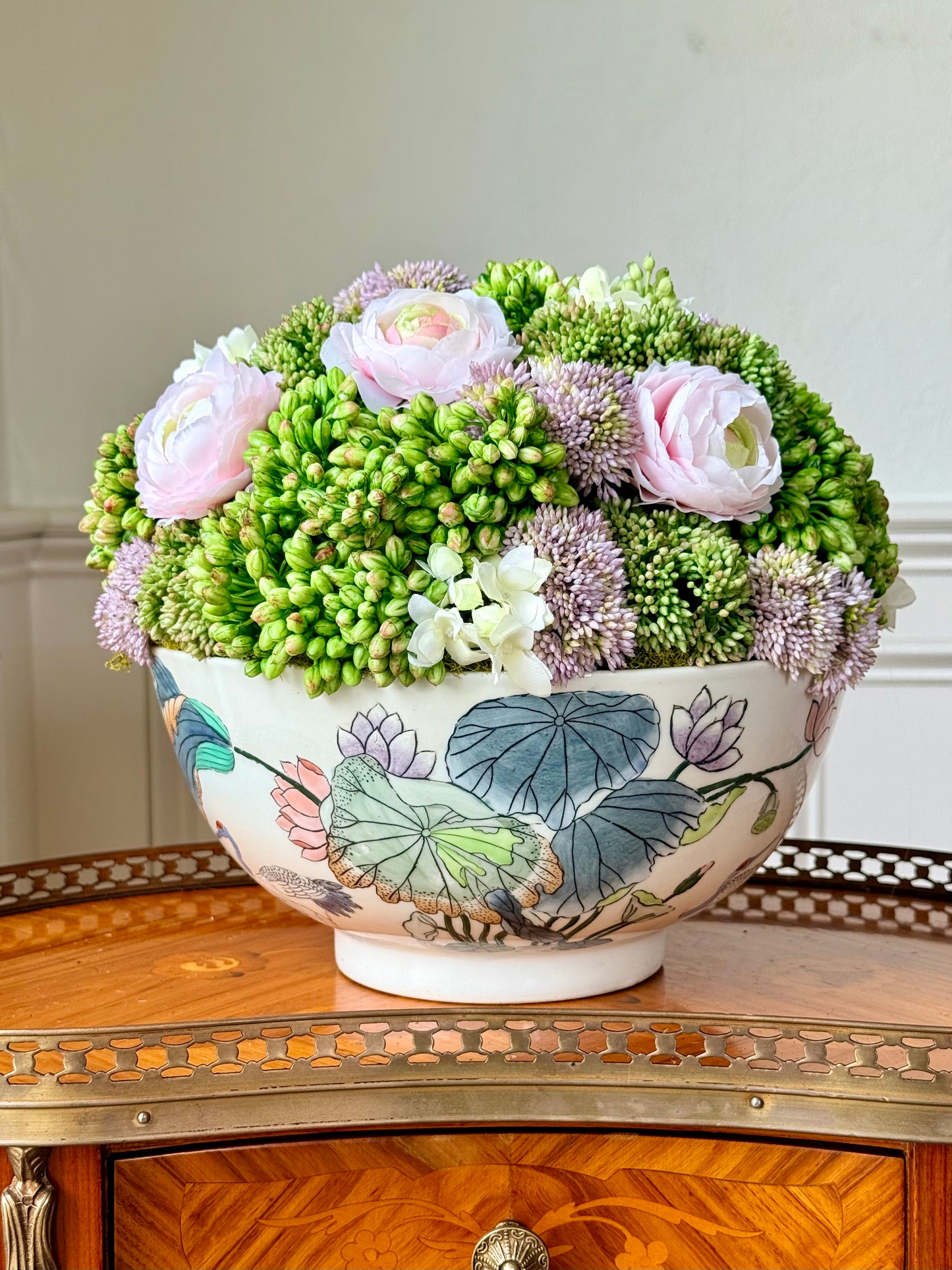 Vintage 10" Chinoiserie Lotus Bowl + Faux Sedum & Ranunculus Mix