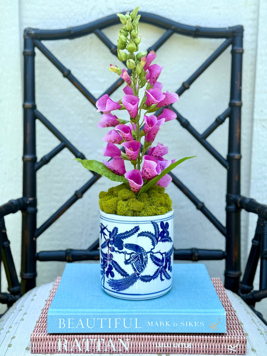 Blue & White Bird Chinoiserie Pot + 1 Faux Fuchsia Foxglove