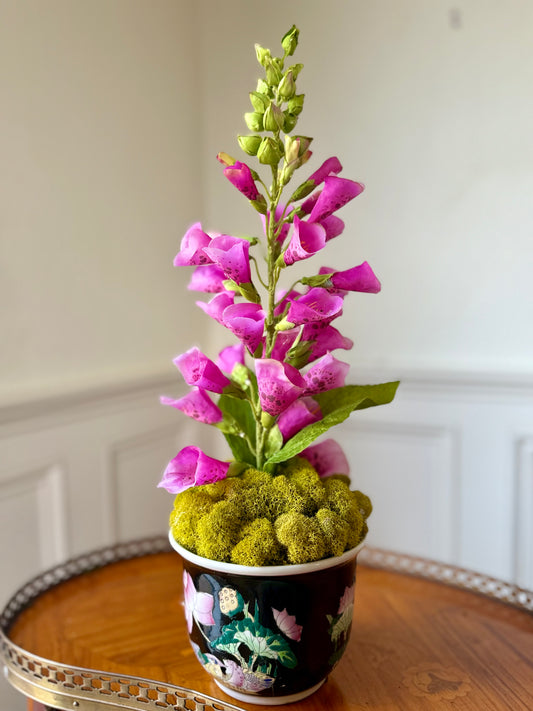 Vintage Black Lotus Planter + 1 Fine Faux Fuchsia Foxglove #26