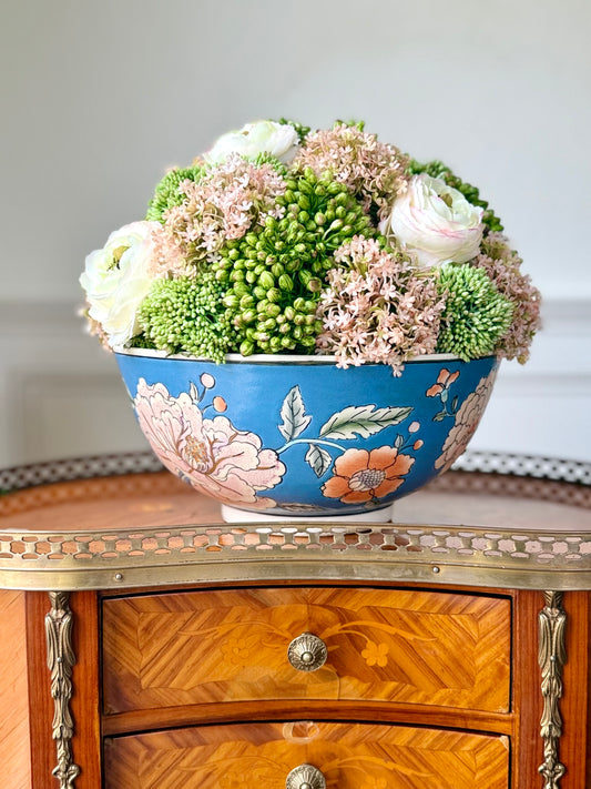 10" Vintage Blue Floral Bowl + Faux Sedum & White Ranunculus #9.5