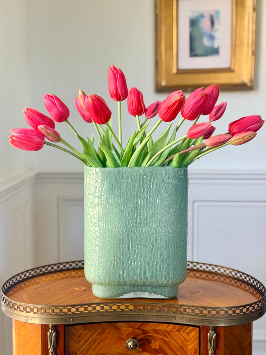 Green Glass Pastel Oval Vase + 20 Red Faux Dutch Tulips