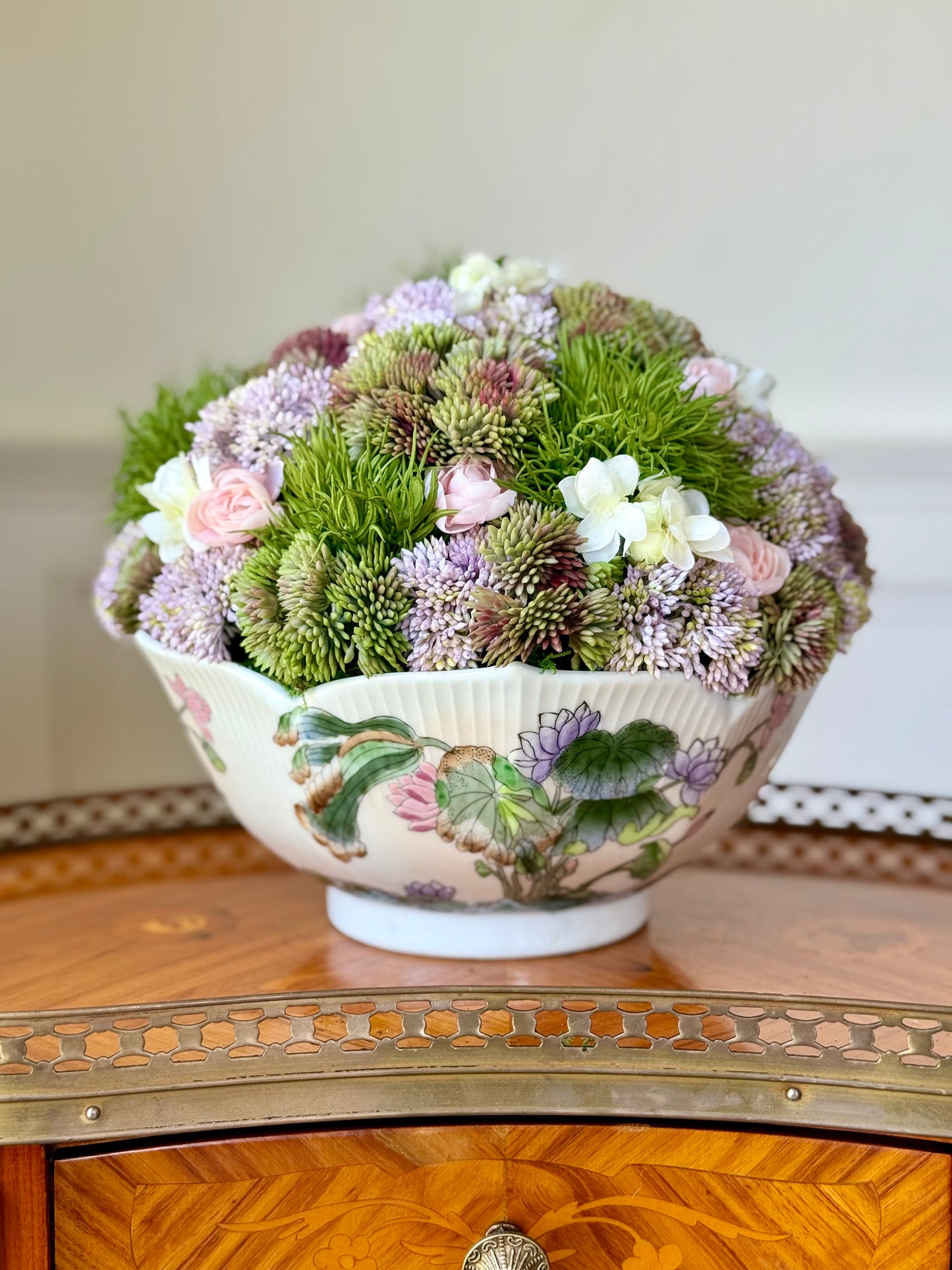 Vintage 9" Lotus Porcelain Bowl + Faux Sedum & Pink Ranuculus
