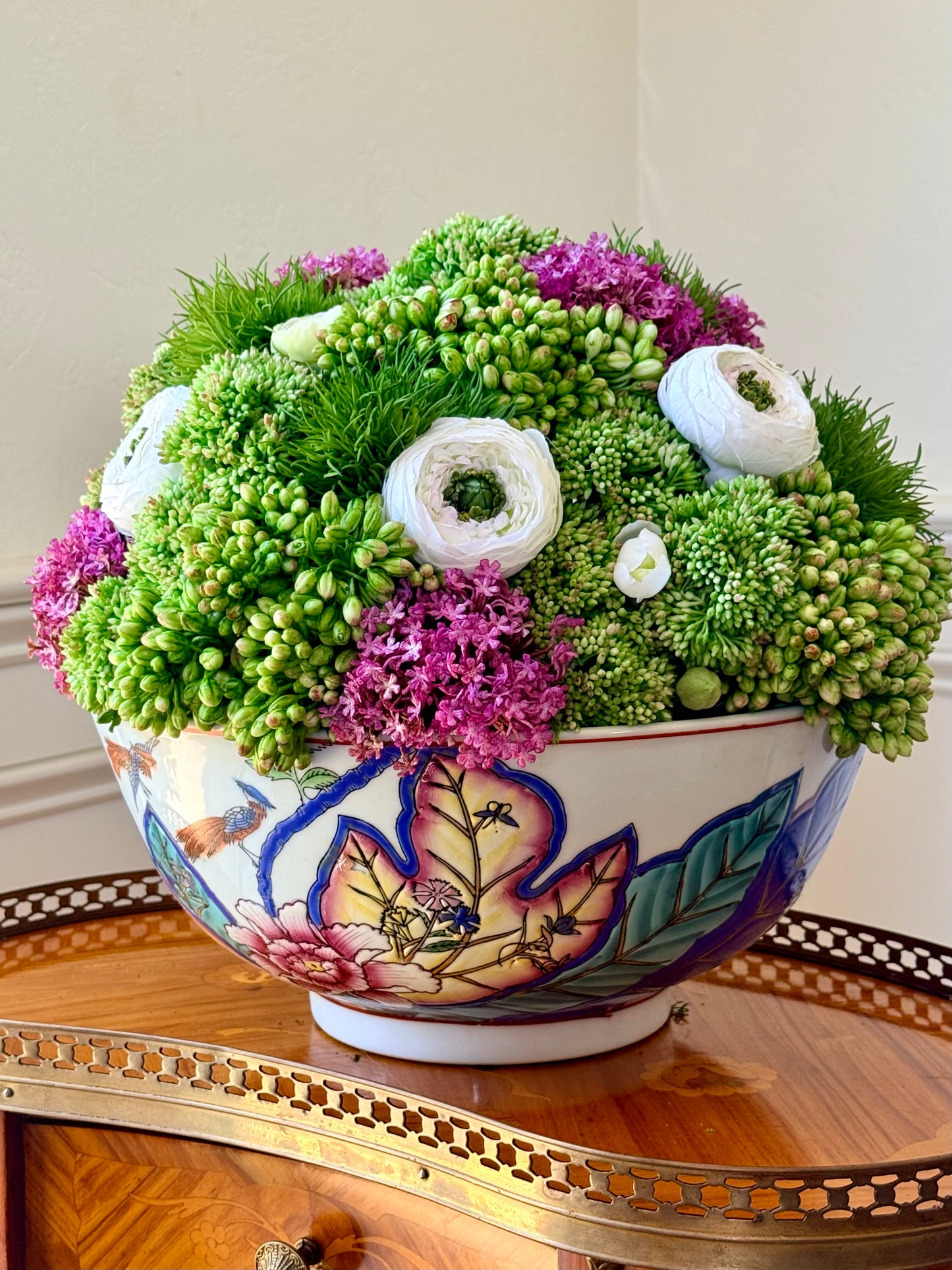 Vintage 12" Tobacco Leaf Bowl + Faux Sedum & Ranunculus Mix