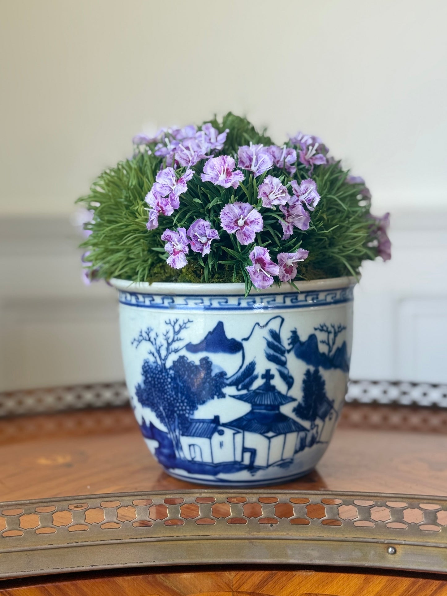 Blue and White Chinoiserie Pot + Blooming Dianthus