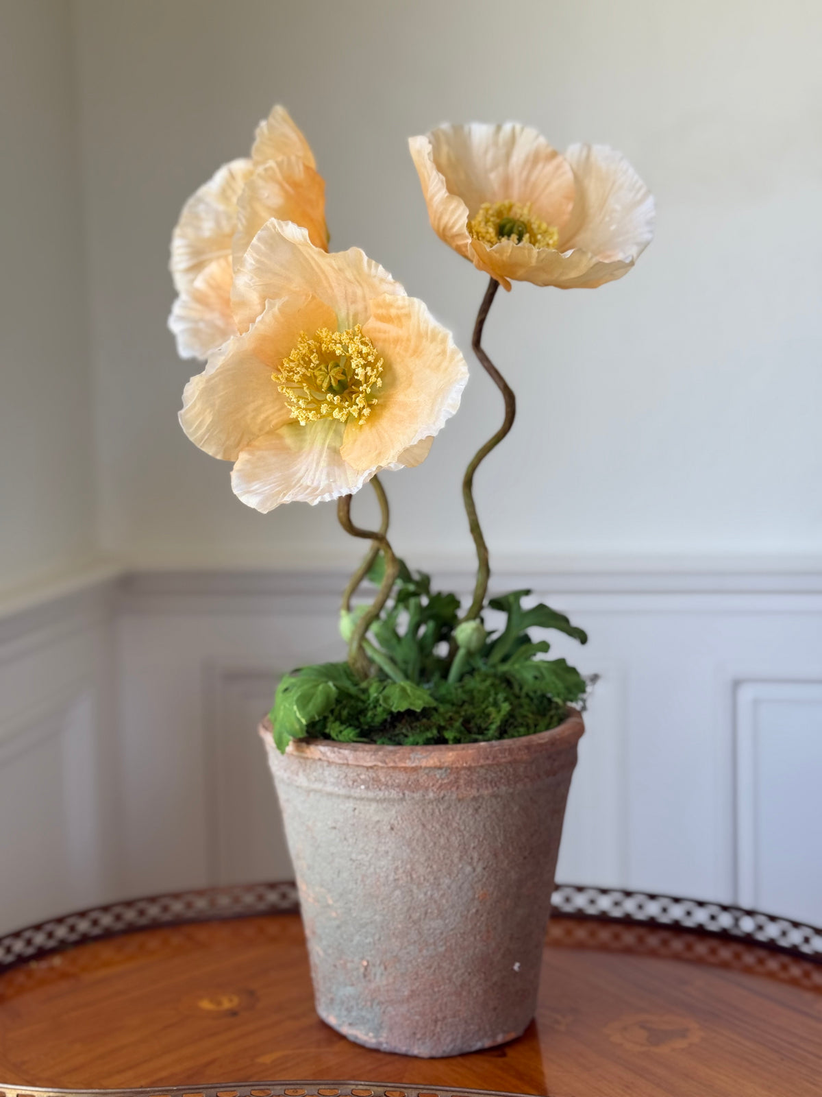 Terra Cotta Pot + 3 Faux Peach Poppies