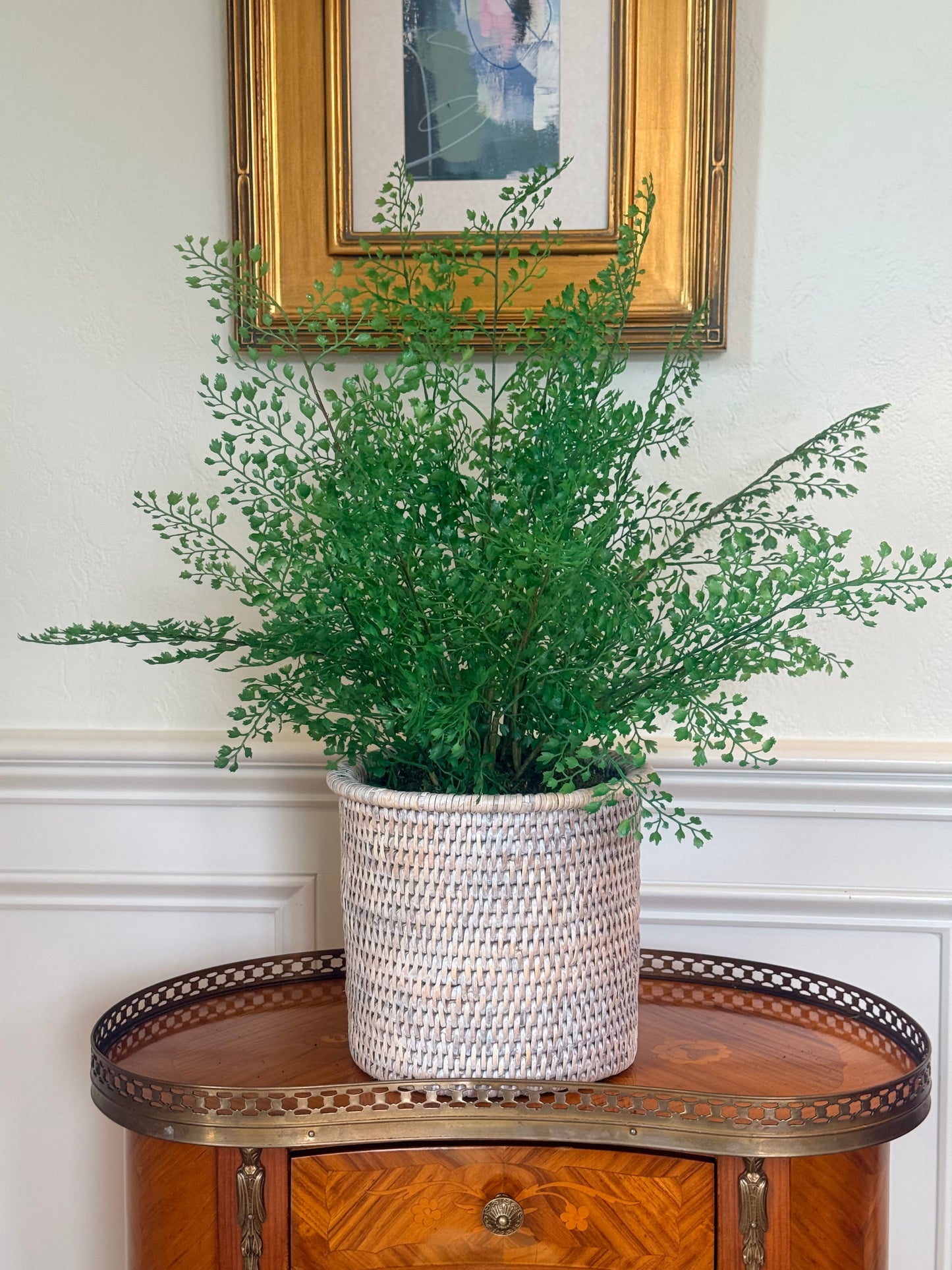 Faux Maidenhair Fern + Whitewashed Rattan Pot (medium)
