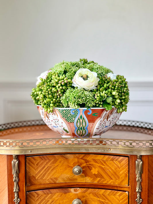 9" Vintage Octagonal Crane Bowl + Faux Sedum & Cream Ranunculus #2.5