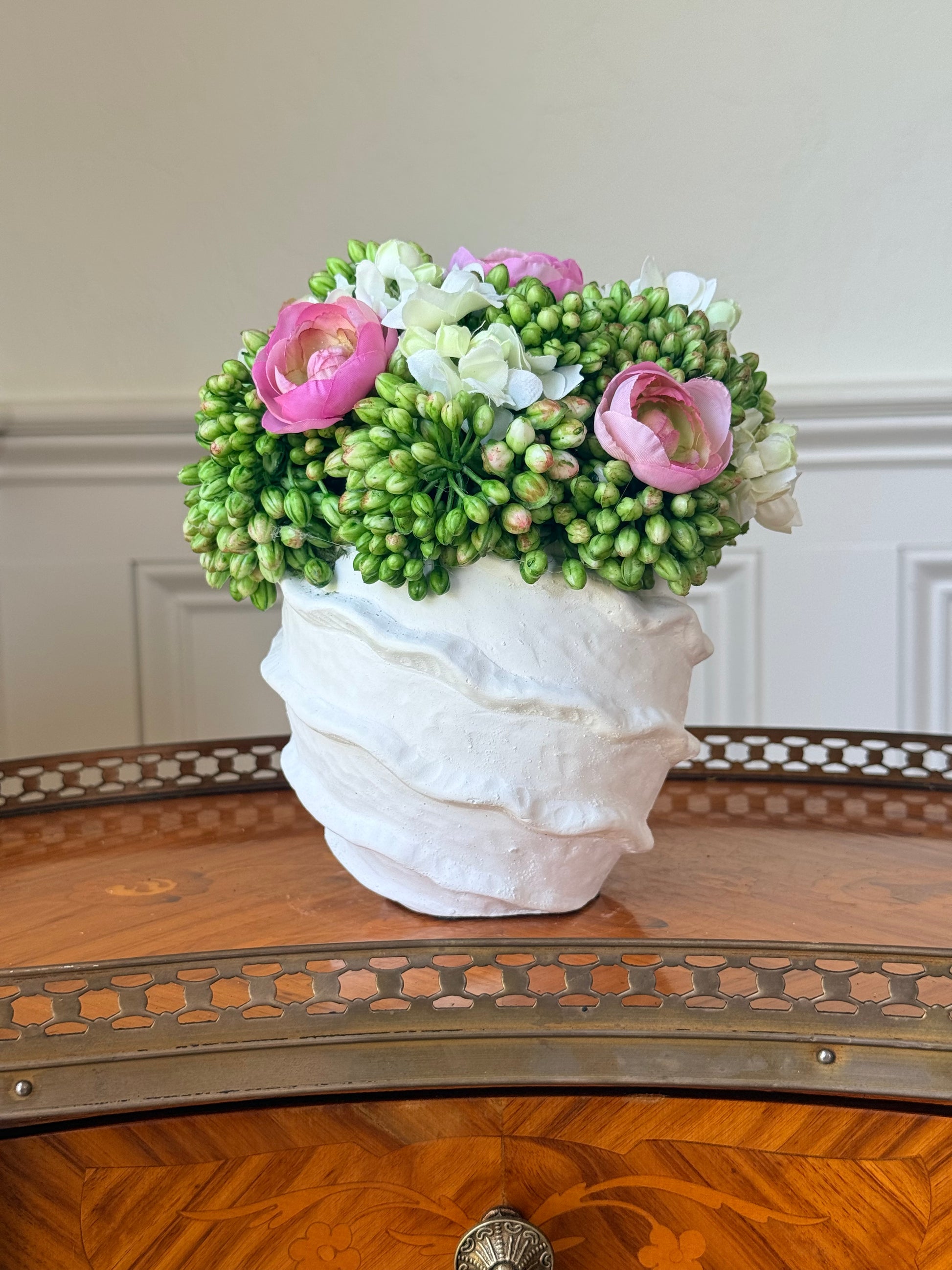 Orchid & Olive Thea Pot + Sedum, White Lilac, & Pink Ranunculus Mix