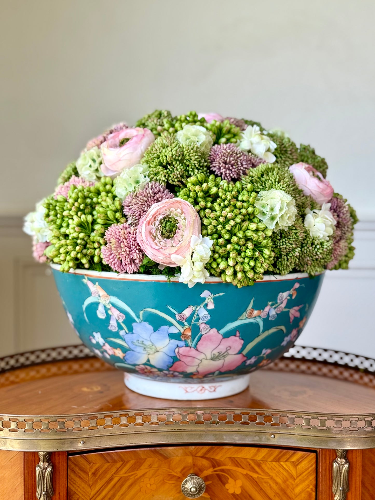 Vintage 12" Turquoise Chinese  Porcelain Bowl + Faux Sedum & Pink Ranunculus
