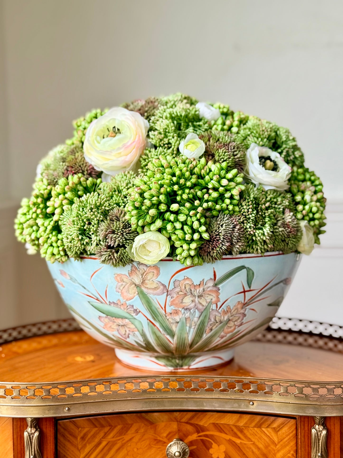Vintage 12" Hand Painted Iris Bowl+ Faux Sedum & Cream Ranunculus