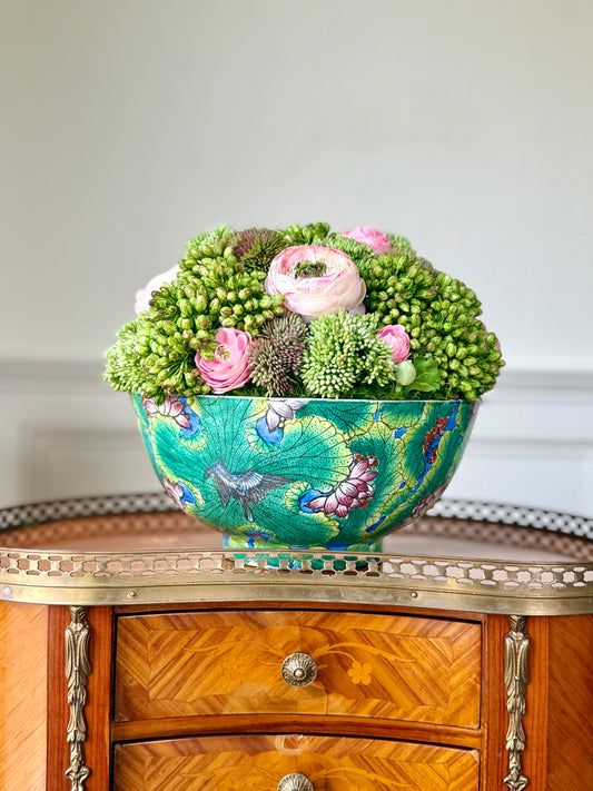 10" Vintage Asian Waterlily Bowl + Faux Sedum & Ranunculus #5
