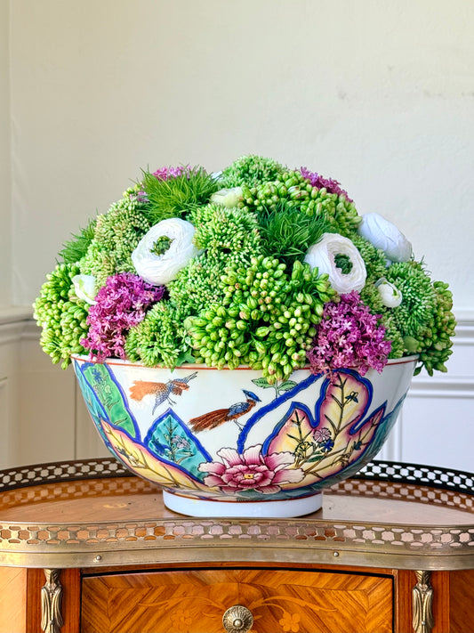 Vintage 12" Tobacco Leaf Bowl + Faux Sedum & Ranunculus Mix