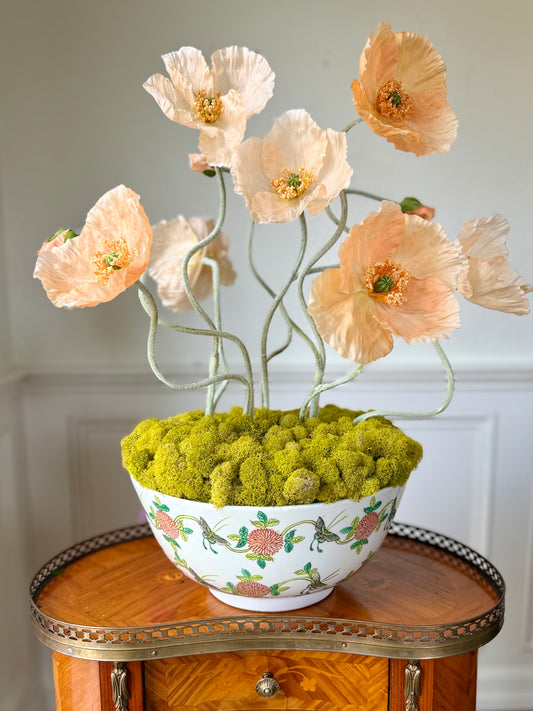 12” Vintage Butterfly & Chrysanthemum Bowl + 6 Fine Faux Poppies #27
