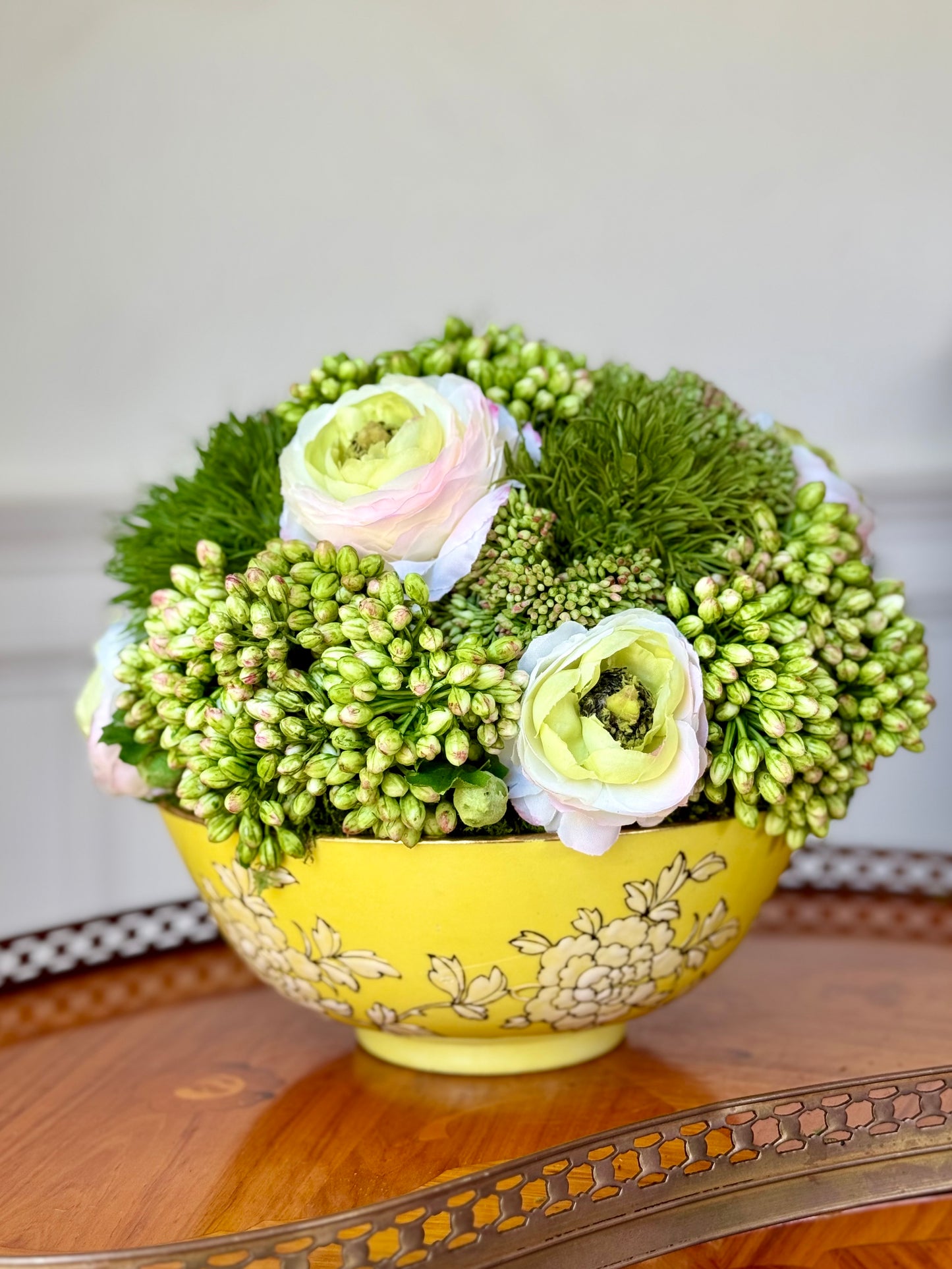 Vintage 8" Yellow Porcelain Bowl + Faux Sedum & White Ranuculus