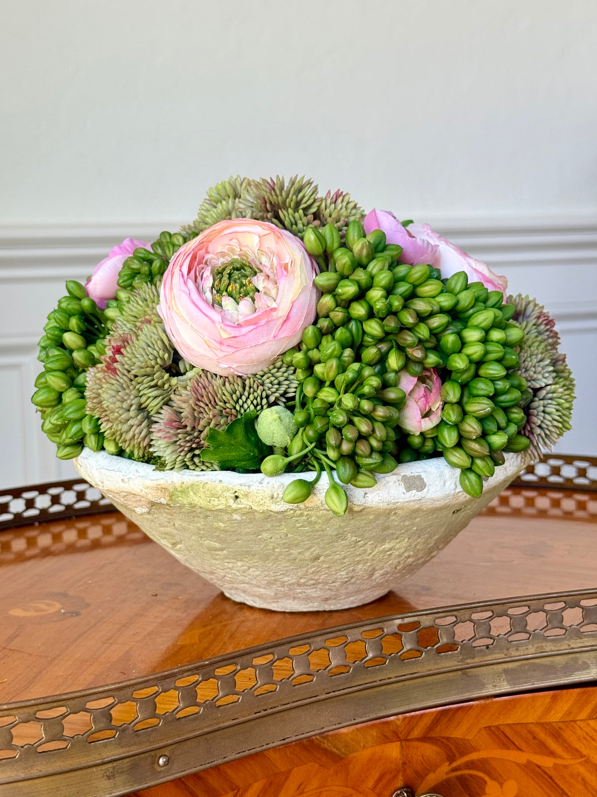 8” Cream Terra Cotta Bowl + Faux Sedum & Pink Ranunculus Mix
