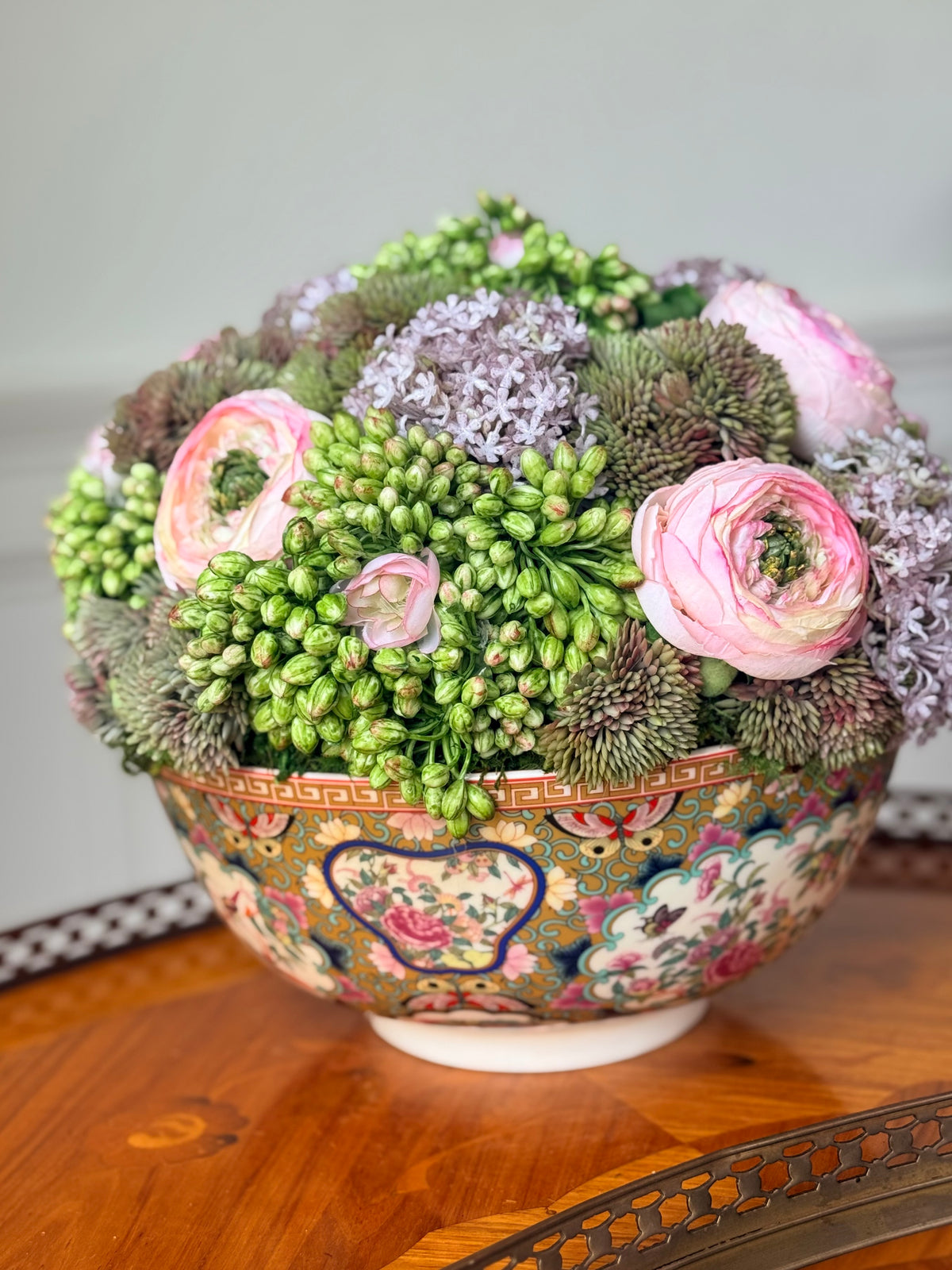 9” Rose Medallion Porcelain Bowl + Faux Sedum & Pink Ranunculus