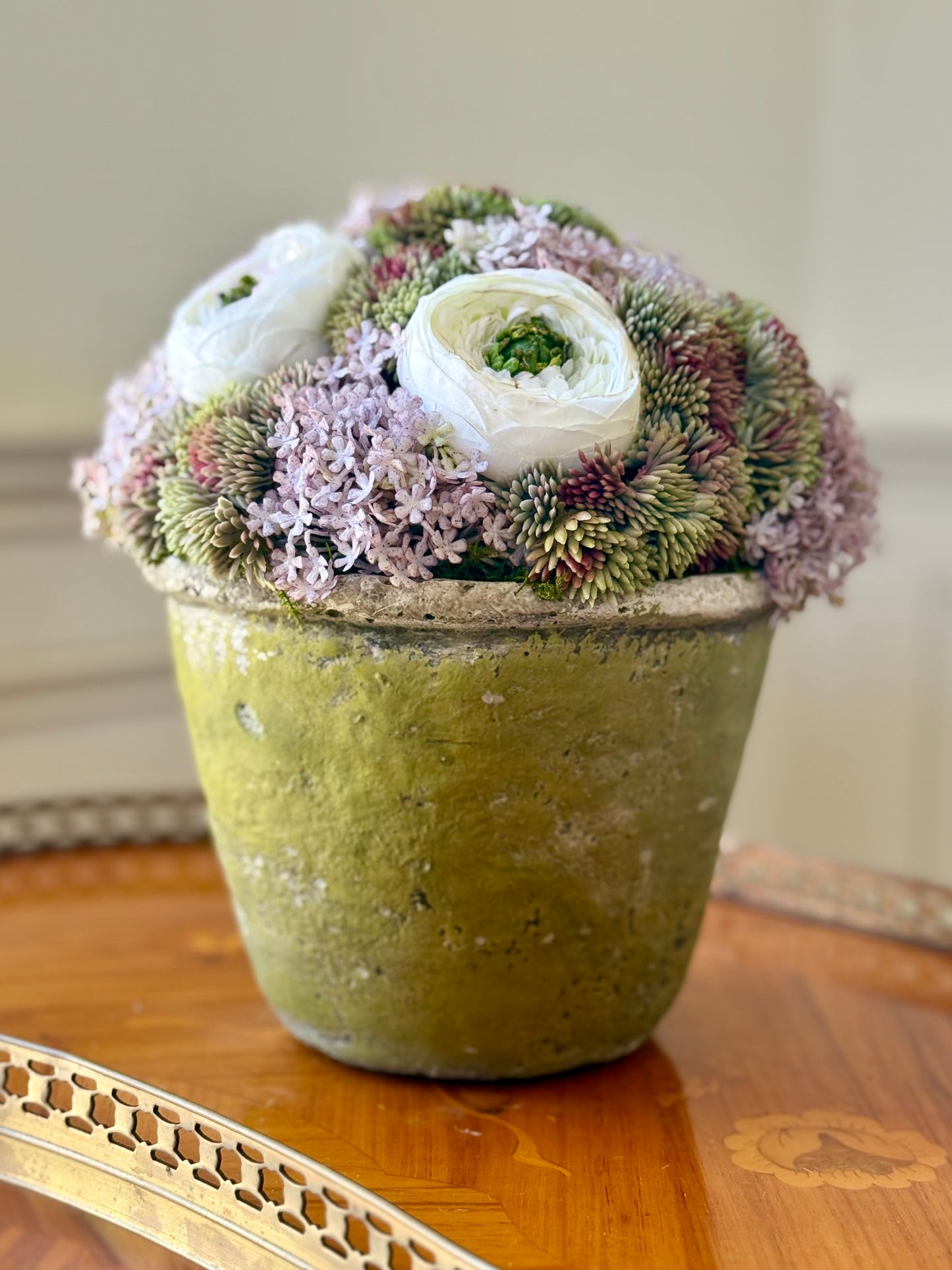 Green Terra Cotta Pot + Faux Sedum & White Ranunculus
