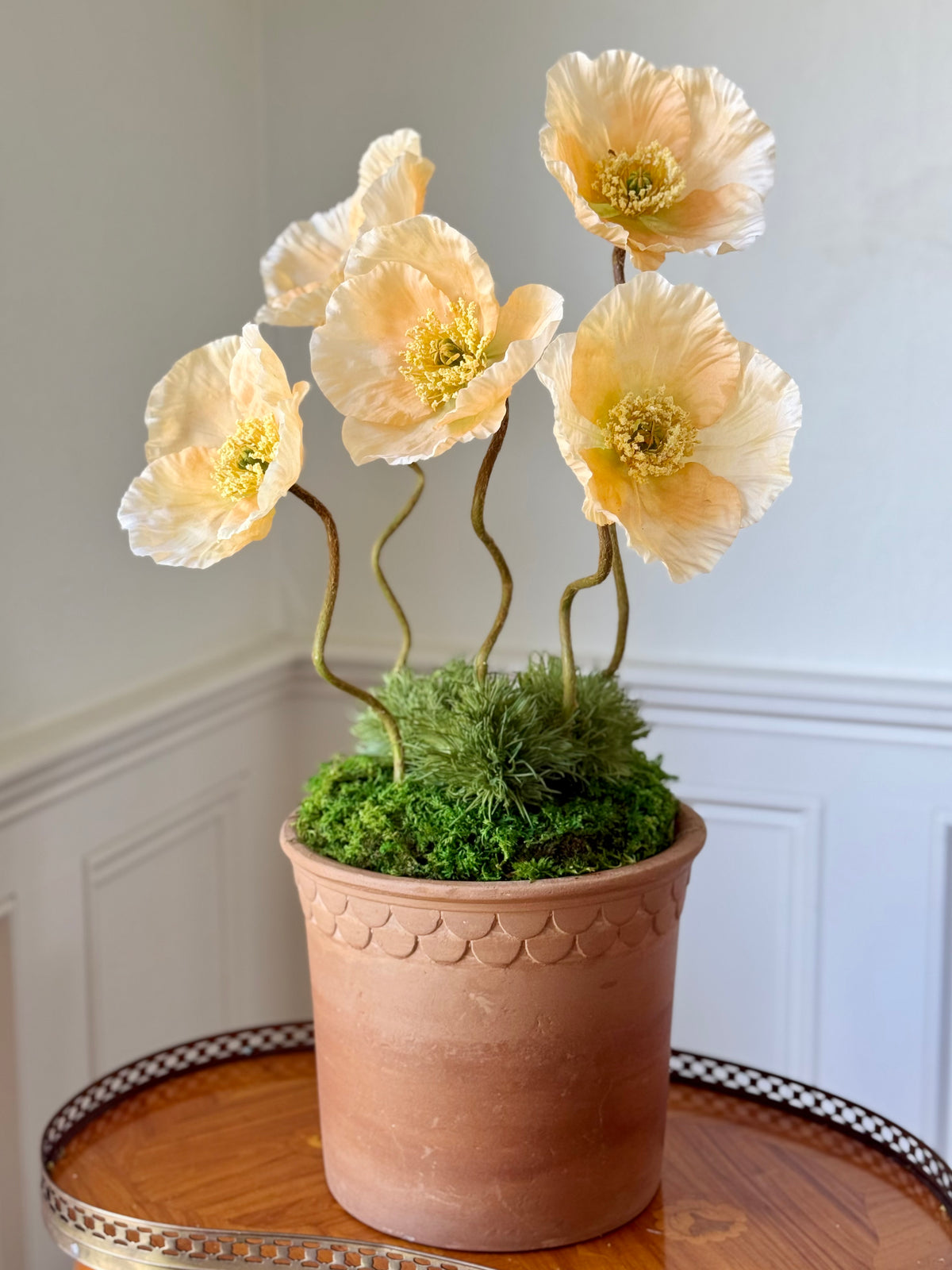 Scalloped Terra Cotta Pot + 5 Faux Peach Poppies