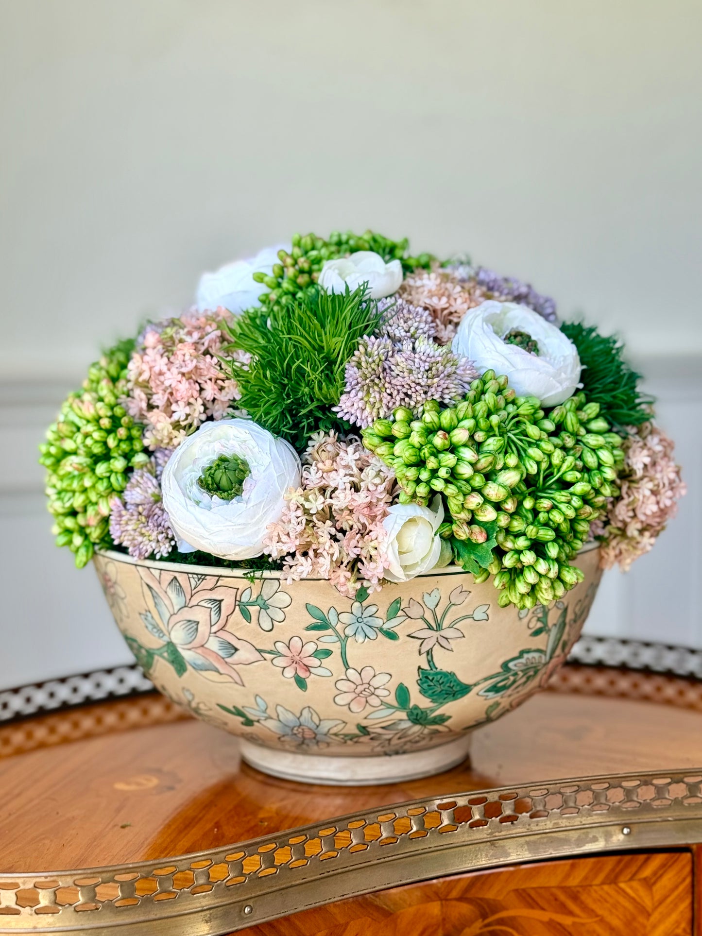 Vintage 10" Sadek Pastel Pink Bowl + Faux Sedum & Ranunculus