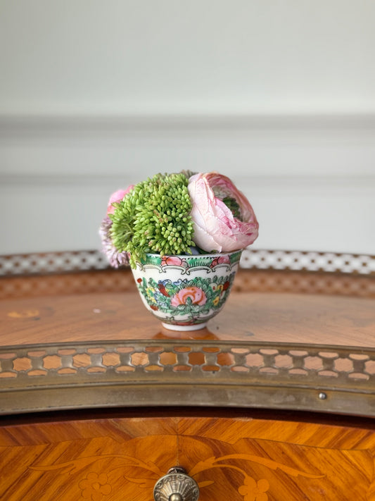 Rose Medallion Sake Cup + Faux Sedum + Pink Ranunculus #35