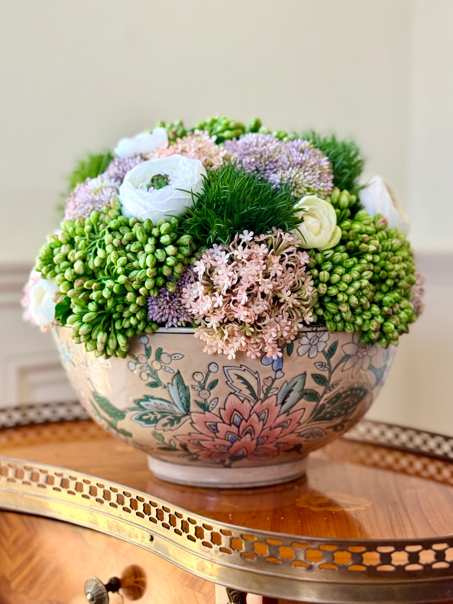 Vintage 10" Sadek Pastel Pink Bowl + Faux Sedum & Ranunculus
