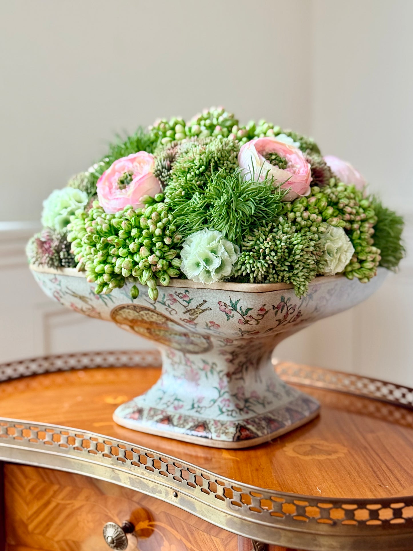 10"x10” Square Chinoiserie Porcelain Pedestal + Faux Sedum