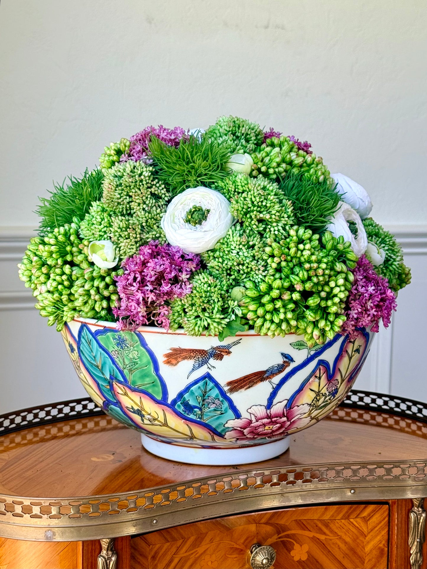 Vintage 12" Tobacco Leaf Bowl + Faux Sedum & Ranunculus Mix