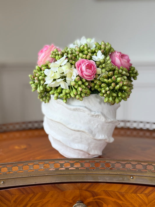 Thea Pot + Sedum, White Lilac, & Pink Ranunculus Mix
