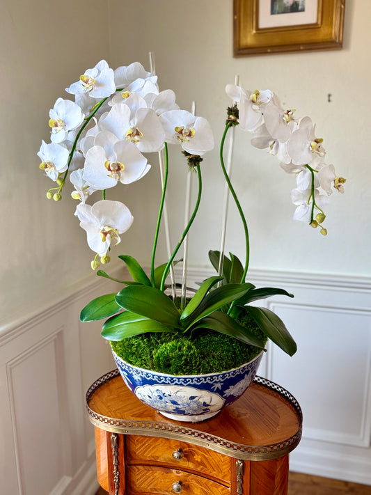 *Local Pickup Only* Vintage 14" Blue & White Bowl + 3 Fine Faux White Orchids #32