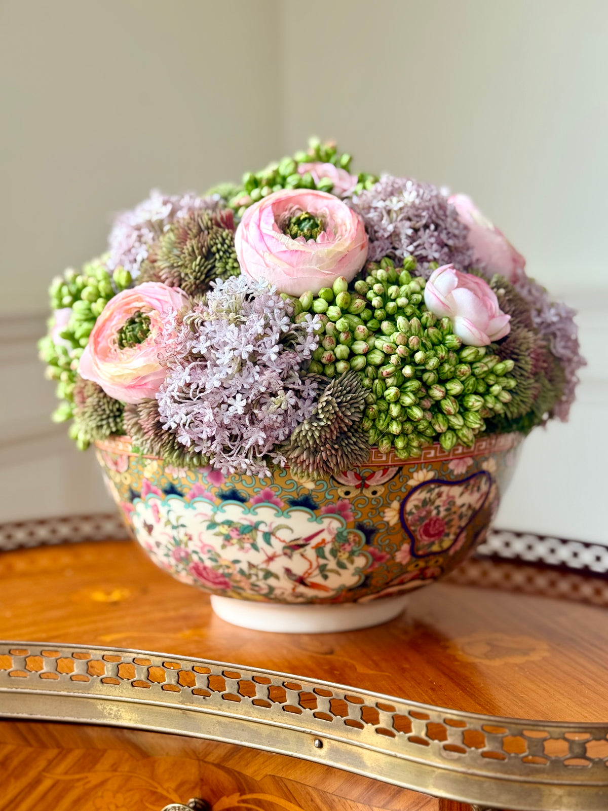 9” Rose Medallion Porcelain Bowl + Faux Sedum & Pink Ranunculus
