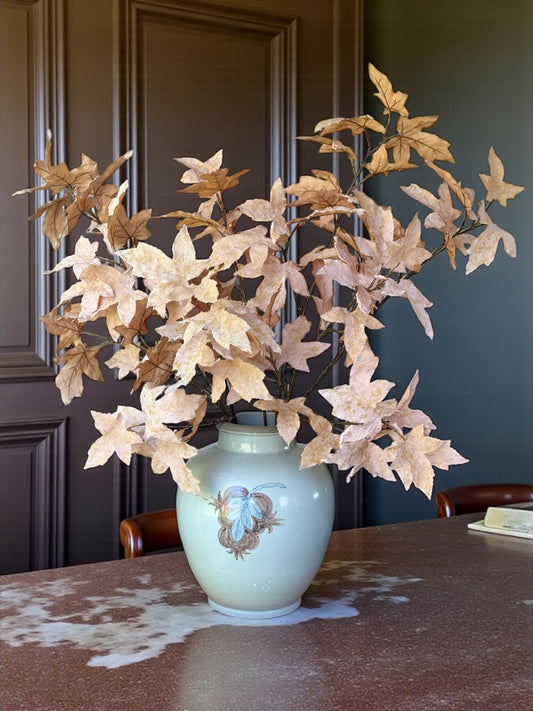 Blue and White Pomegranate Vase + 3 Bundles of Faux Maple Leaf Stems