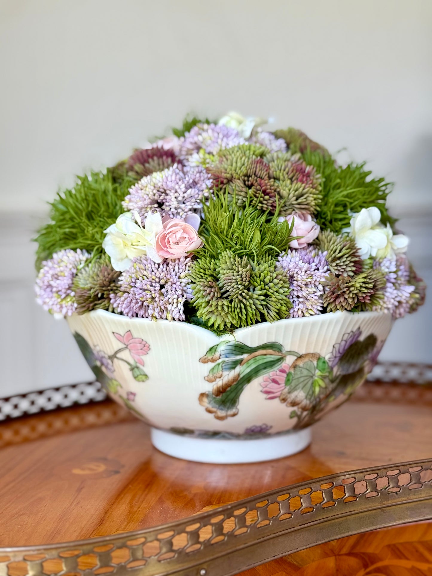 Vintage 9" Lotus Porcelain Bowl + Faux Sedum & Pink Ranuculus