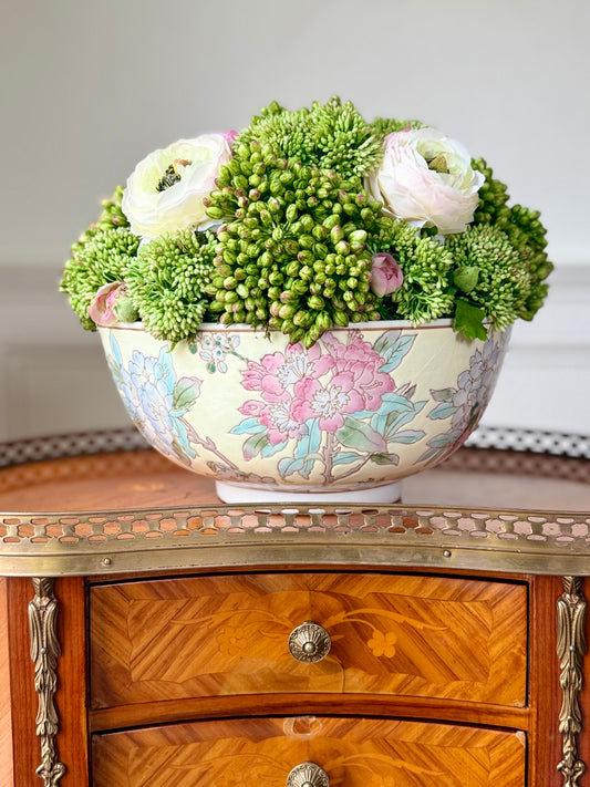 10” Vintage Pink & Cream Floral Bowl + Faux Sedum & Pink Ranunculus Mix #8.5