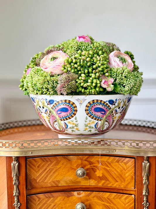 10" Vintage Pink Paisley Bowl + Faux Sedum + Pink Ranunculus #6.5