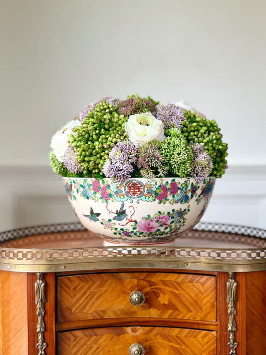 10" Vintage Rose Medallion Bowl + Faux Sedum & Cream Ranunculus #6