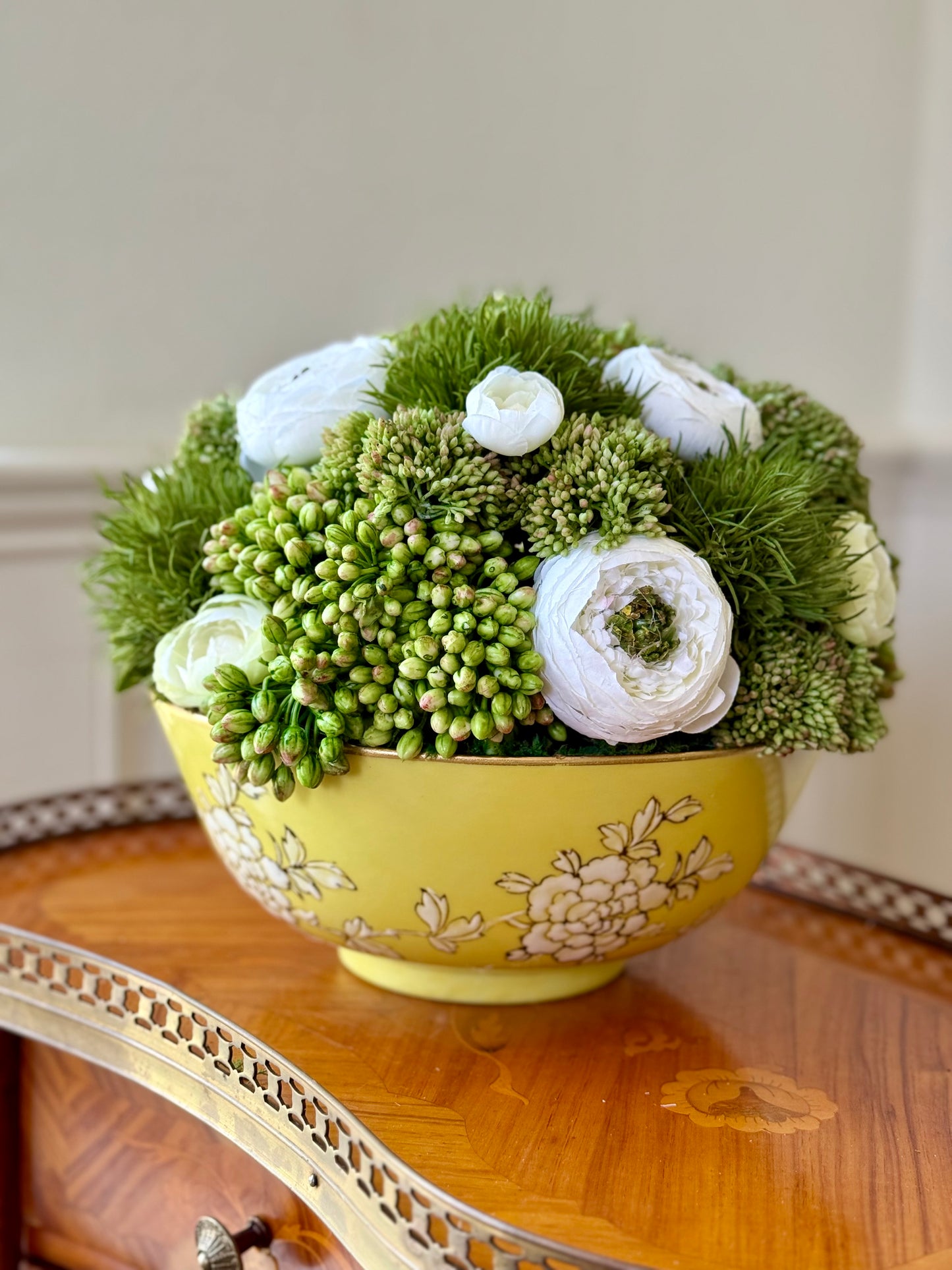 Vintage 9" Yellow Porcelain Bowl + Faux Sedum & White Ranuculus mix