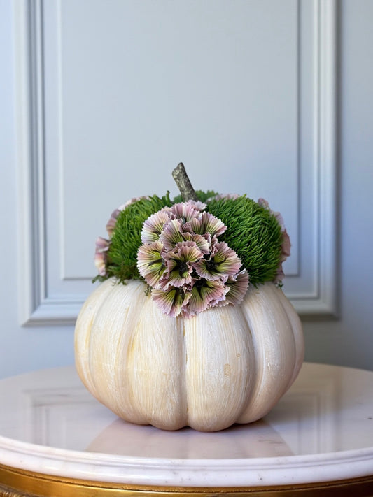 Small Light Orange Faux Fairytale Pumpkin + Faux Dianthus & Blush Pink Scabiosa