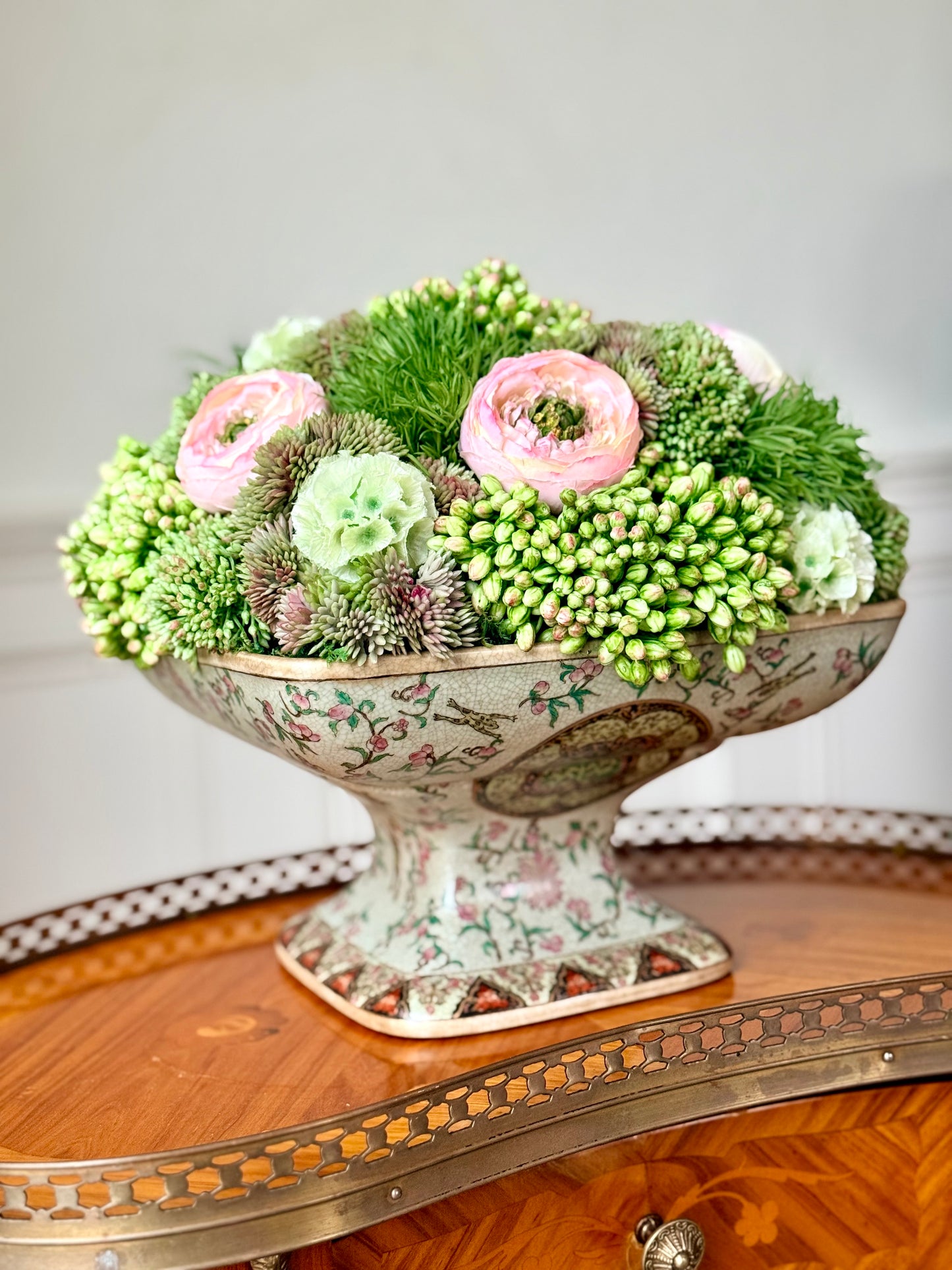 10"x10” Square Chinoiserie Porcelain Pedestal + Faux Sedum