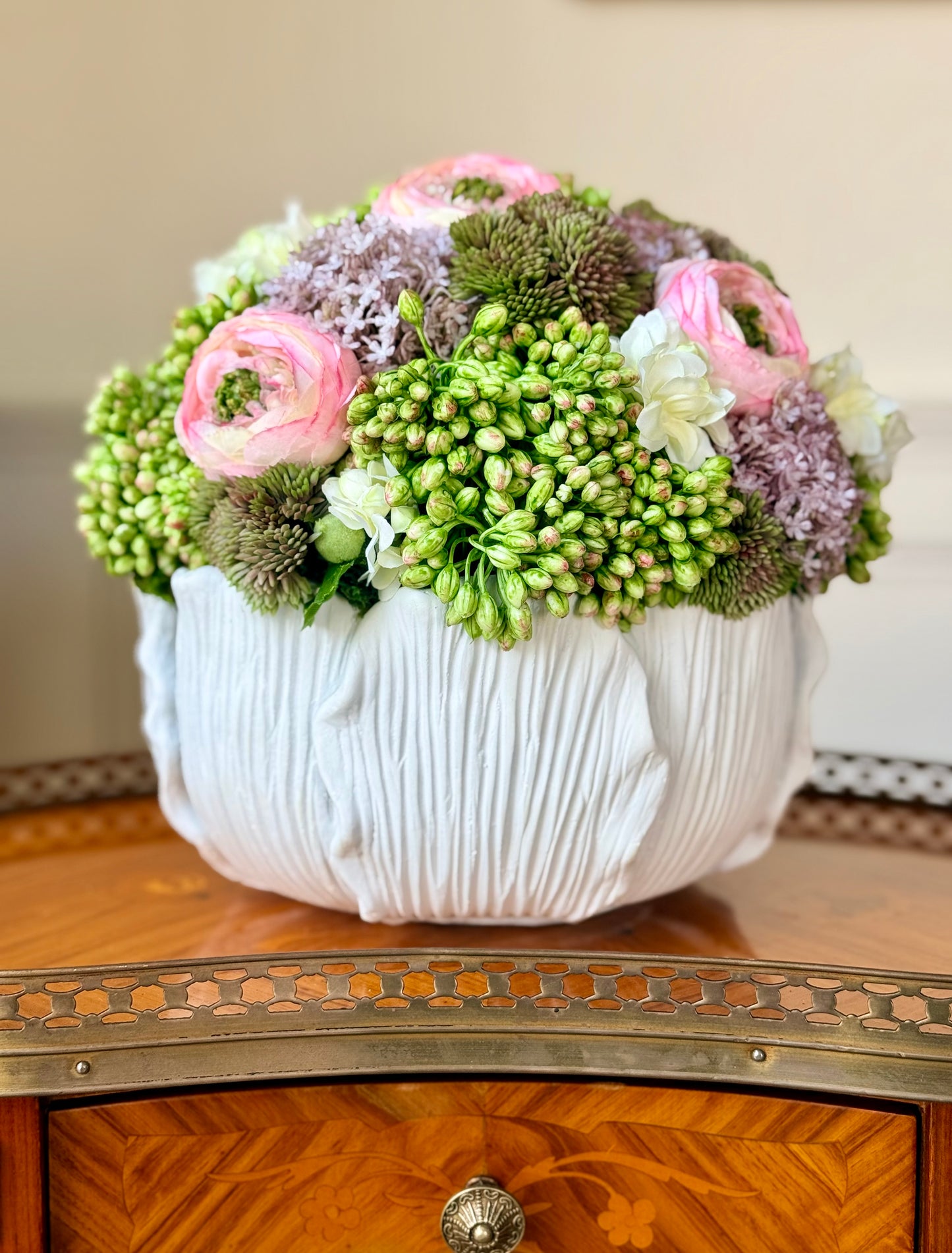 White Leaf Bowl + Sedum, Lilac, & Pink Ranunculus Mix