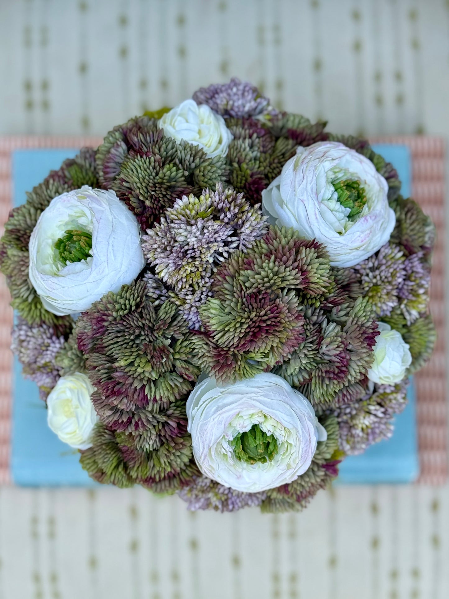 Pearl Bowl + Faux Sedum & White Ranunculus Mix