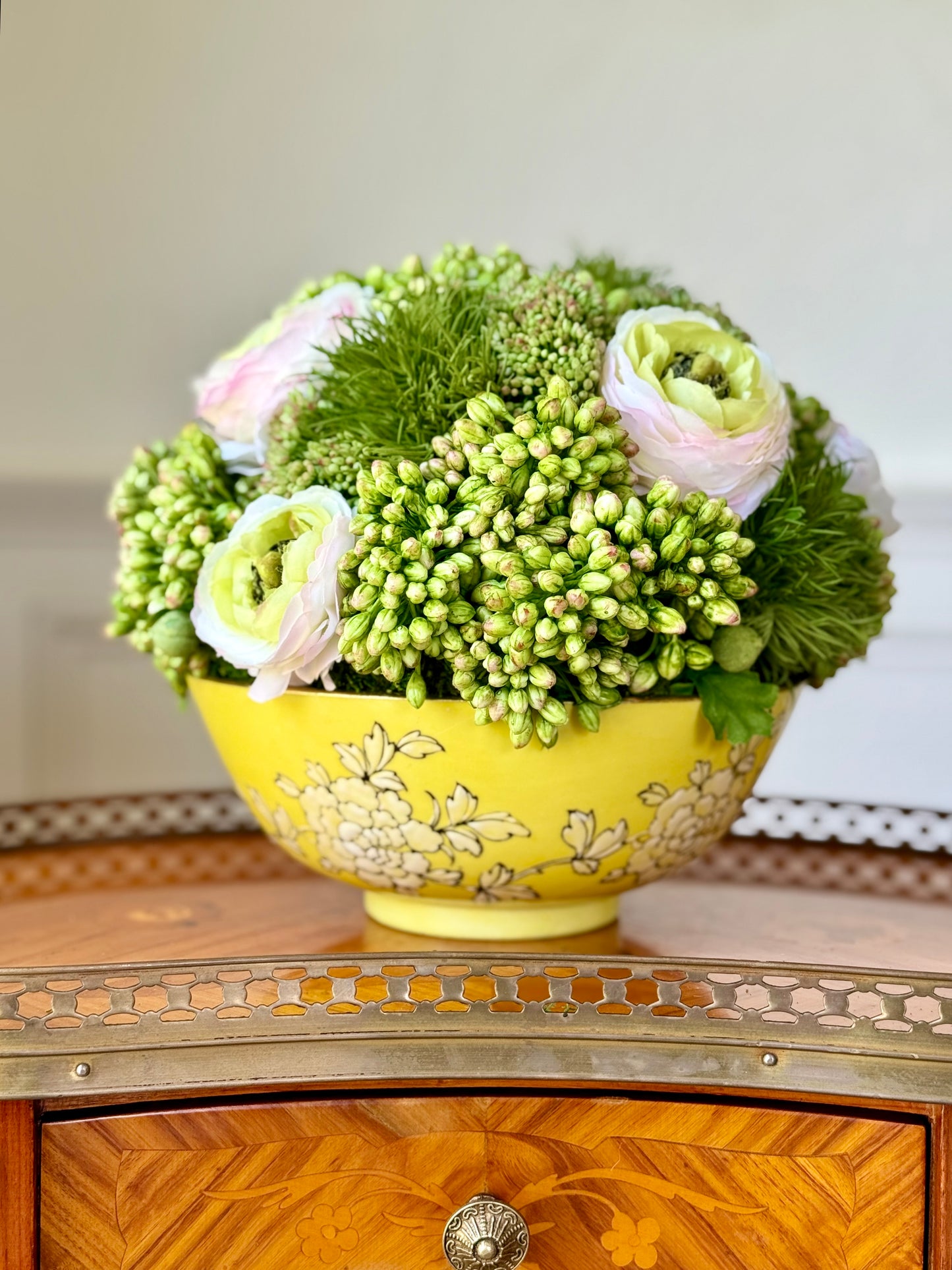 Vintage 8" Yellow Porcelain Bowl + Faux Sedum & White Ranuculus