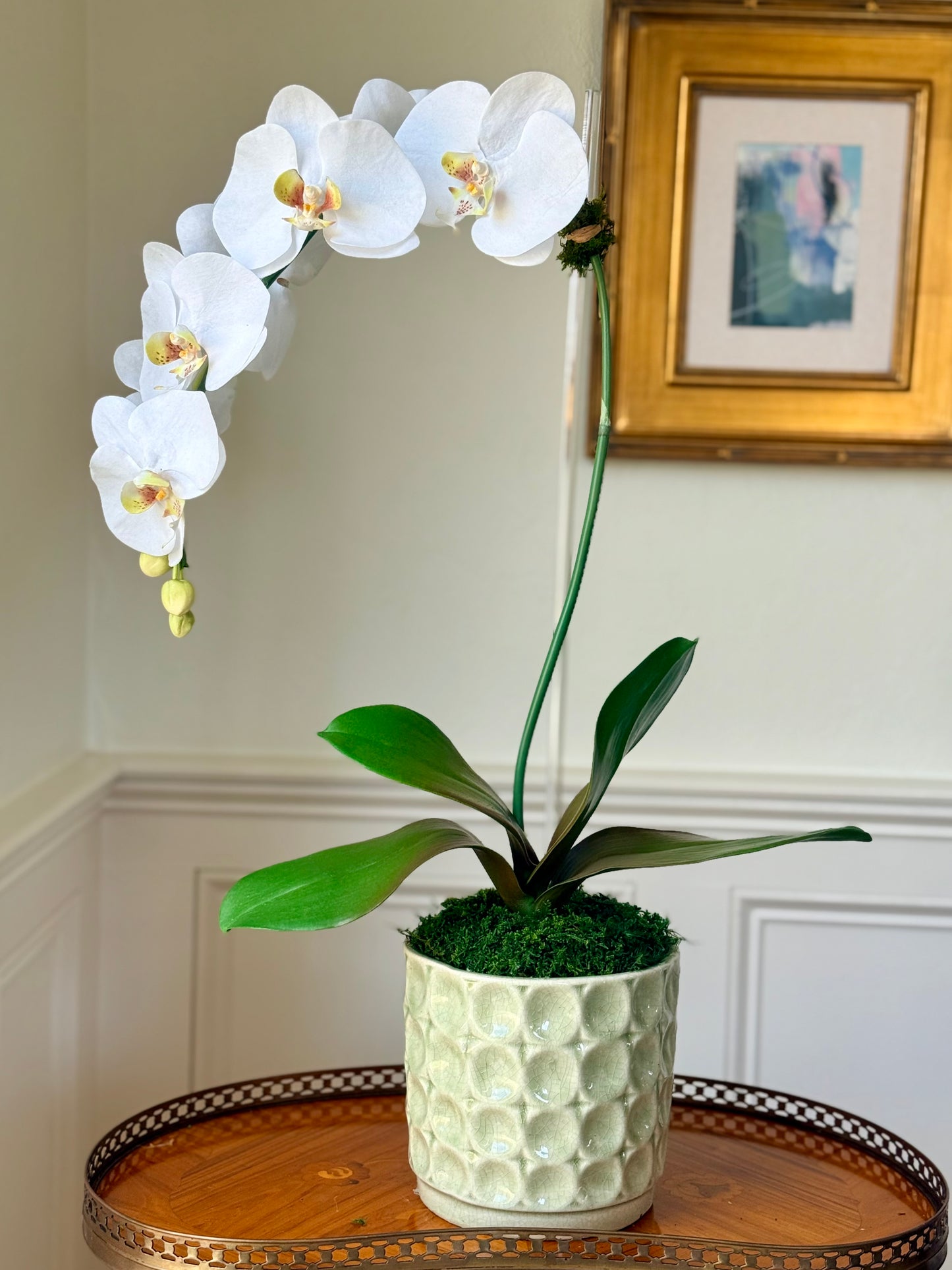 Sage Embossed Planter + 1 Classic White Faux Orchid